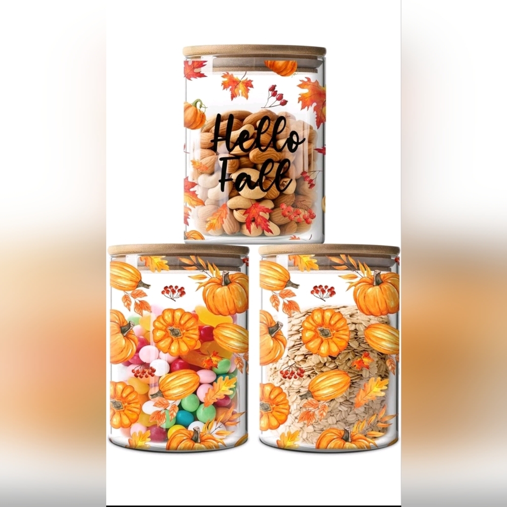 Fall Decor 3 Pack Glass Storage Jars with Airtight Bamboo Lid-Hello Fall.